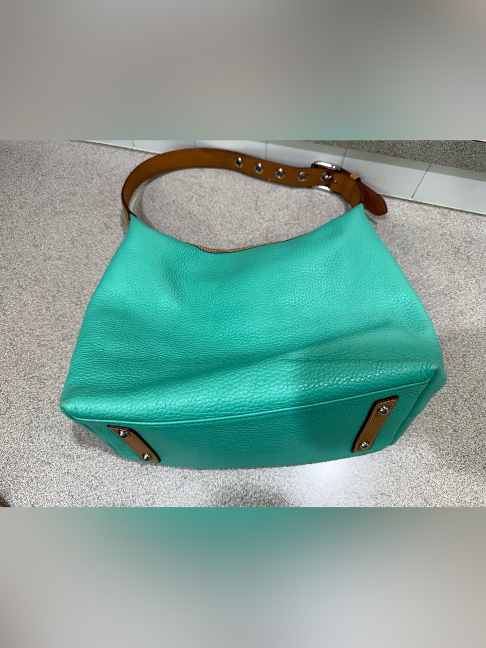 Dooney & Bourke Turquoise Pebbled Leather Shoulder Hobo bag w/ Tan Trim Tassel - Picture 15 of 16